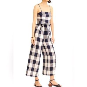 J. Crew Gingham Beauchamps Linen Spaghetti Strap Jumpsuit In Navy Ivory
